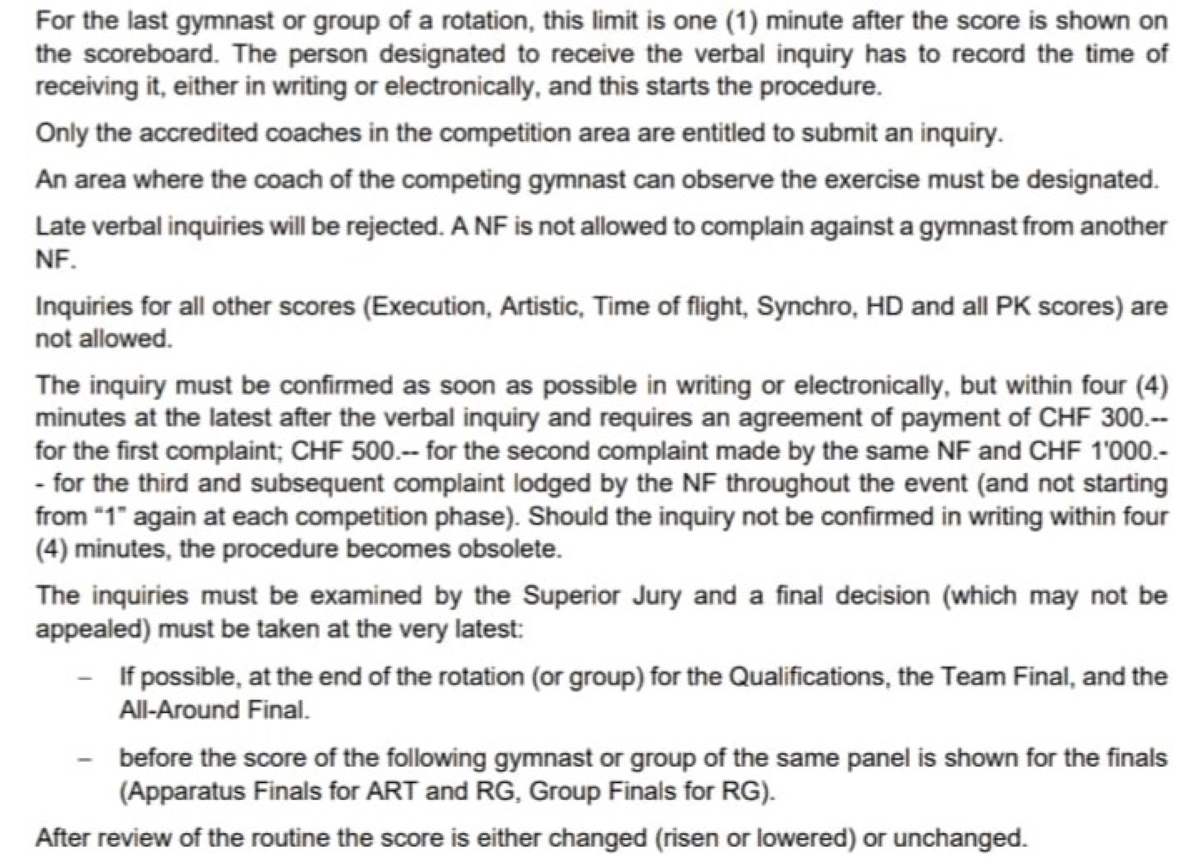 Regulamentul FIG stipulează că „Late verbal inquiries” (n.r. - contestațiile verbale care depășesc un minut), nu mai sunt luate în considerare