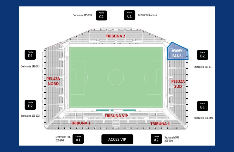 Harta stadionului Giulești: away fans - zona unde au rezervate locurile fanii lui Dinamo