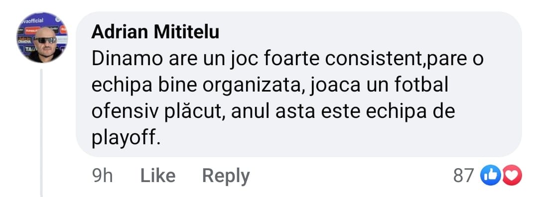 Mesajul lui Adrian Mititelu de pe pagina oficială a celor de la Dinamo