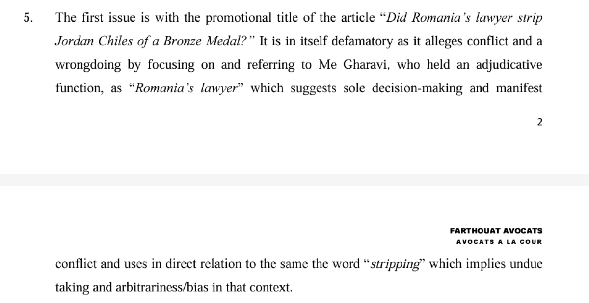 Fragment din notoficarea trimisă de casa de avocatură Farthouat Avocats, în numele lui Hamid Gharavi, către Simpson Dispute Resolution