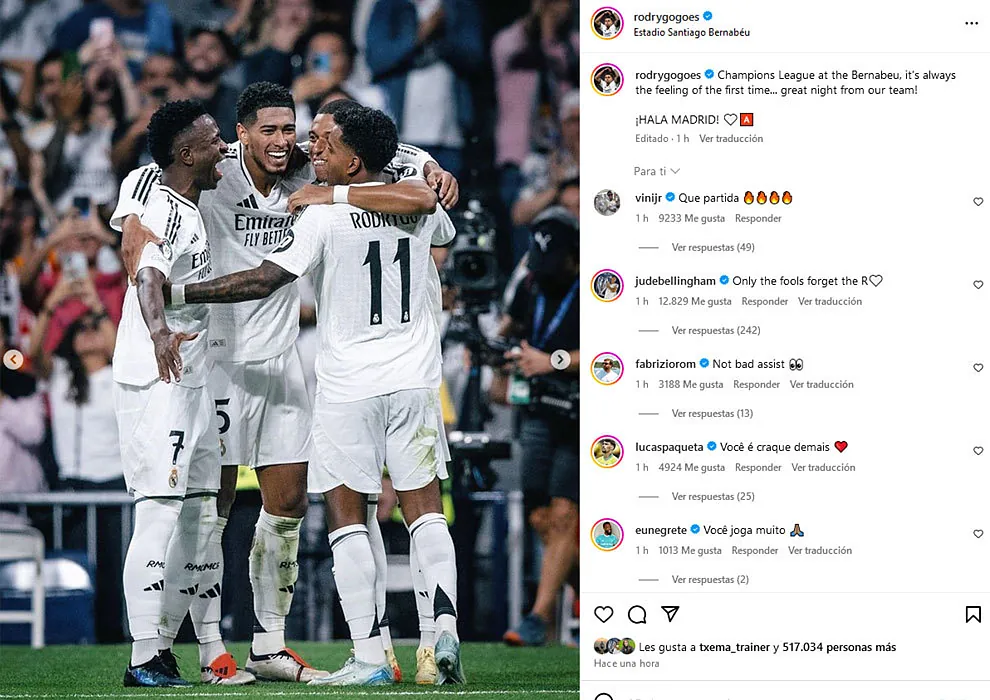 Jude Bellingham a lăsat un comentariu la postarea lui Rodrygo. FOTO: Instagram/Rodrygo