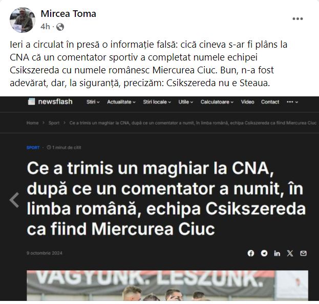 „Csikszereda nu e Steaua”  CNA ironizează clubul Armatei, roș-albaștrii reacționează: „Lipsă totală de respect. Am fost siguri că  a fost spart contul ”