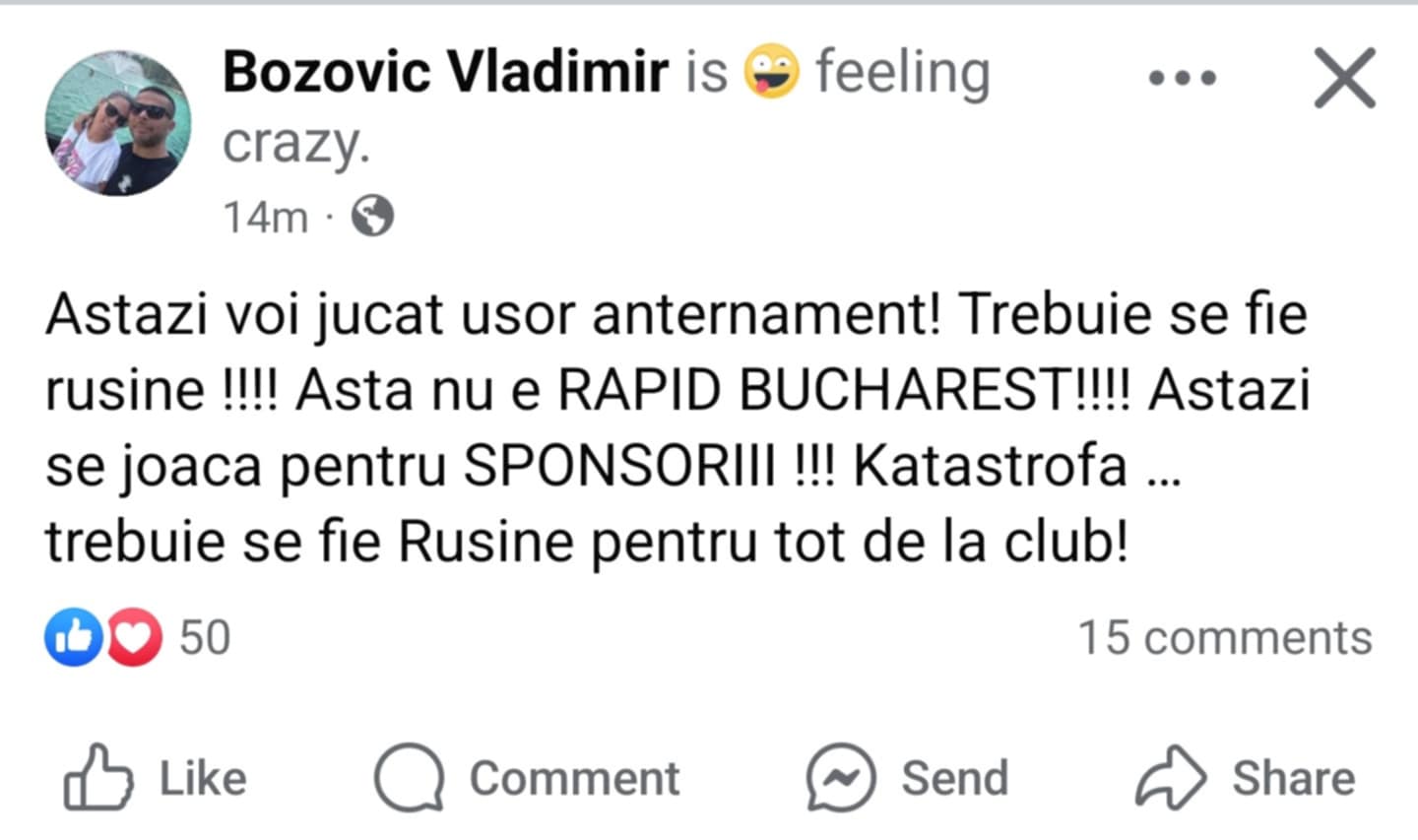 Mesajul lui Vladimir Bozovic. Foto: captură Facebook