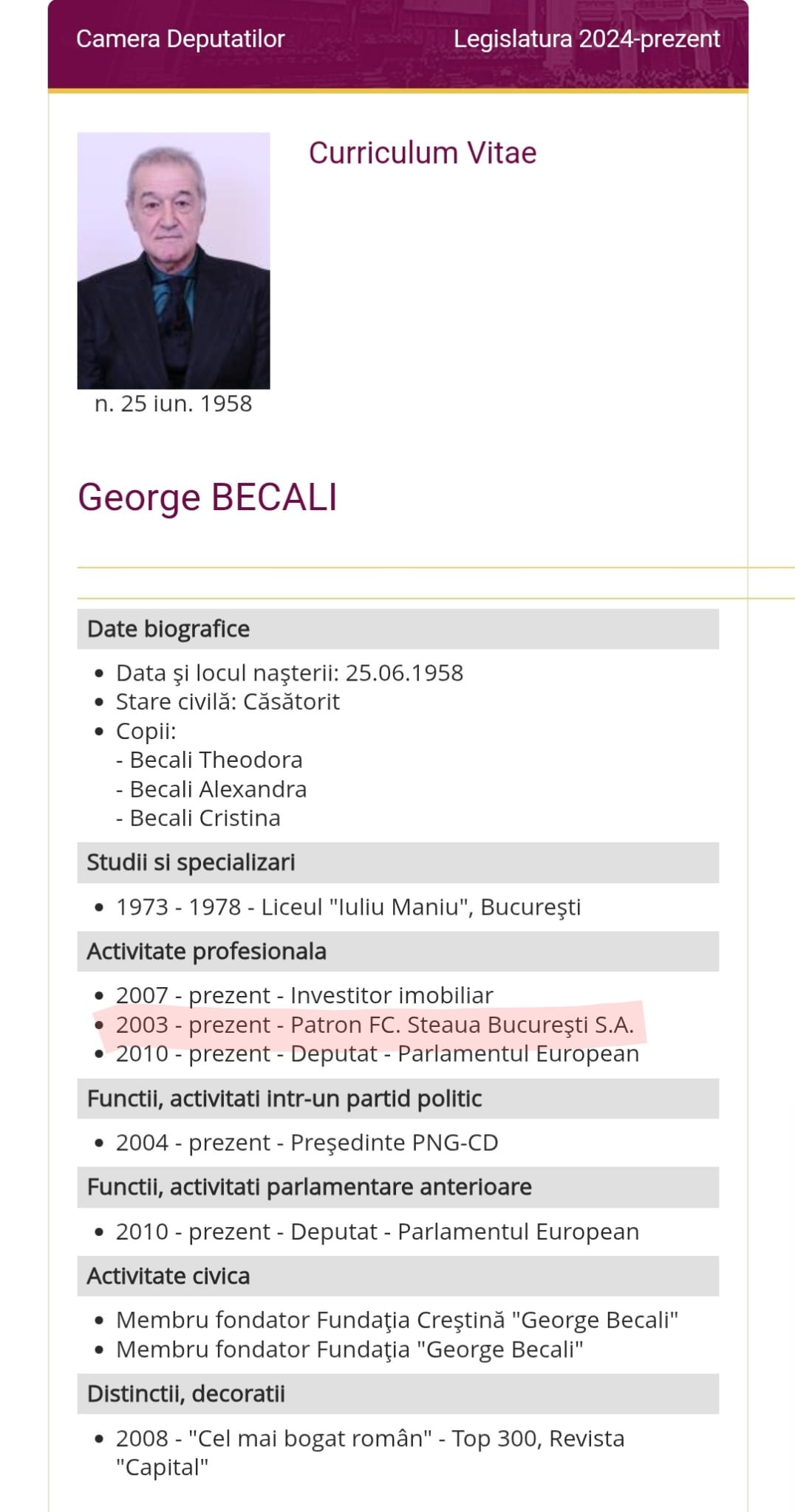 „FCSB e Steaua” în Camera Deputaților  CV-ul care însoțește prezentarea lui Becali ca parlamentar spune că  e patron la Steaua București