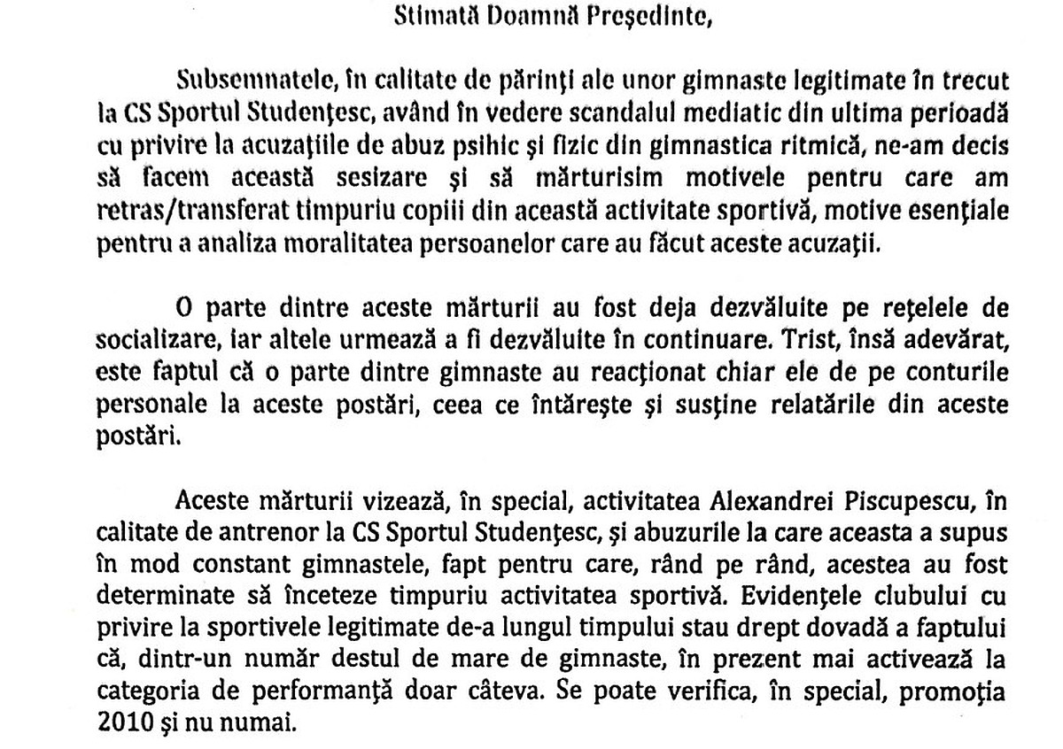 Așa începe sesizarea, depusă la FRGR și Sportul Studențesc, părinților ale căror fiice au fost antrenate de Alexandra Piscupescu.