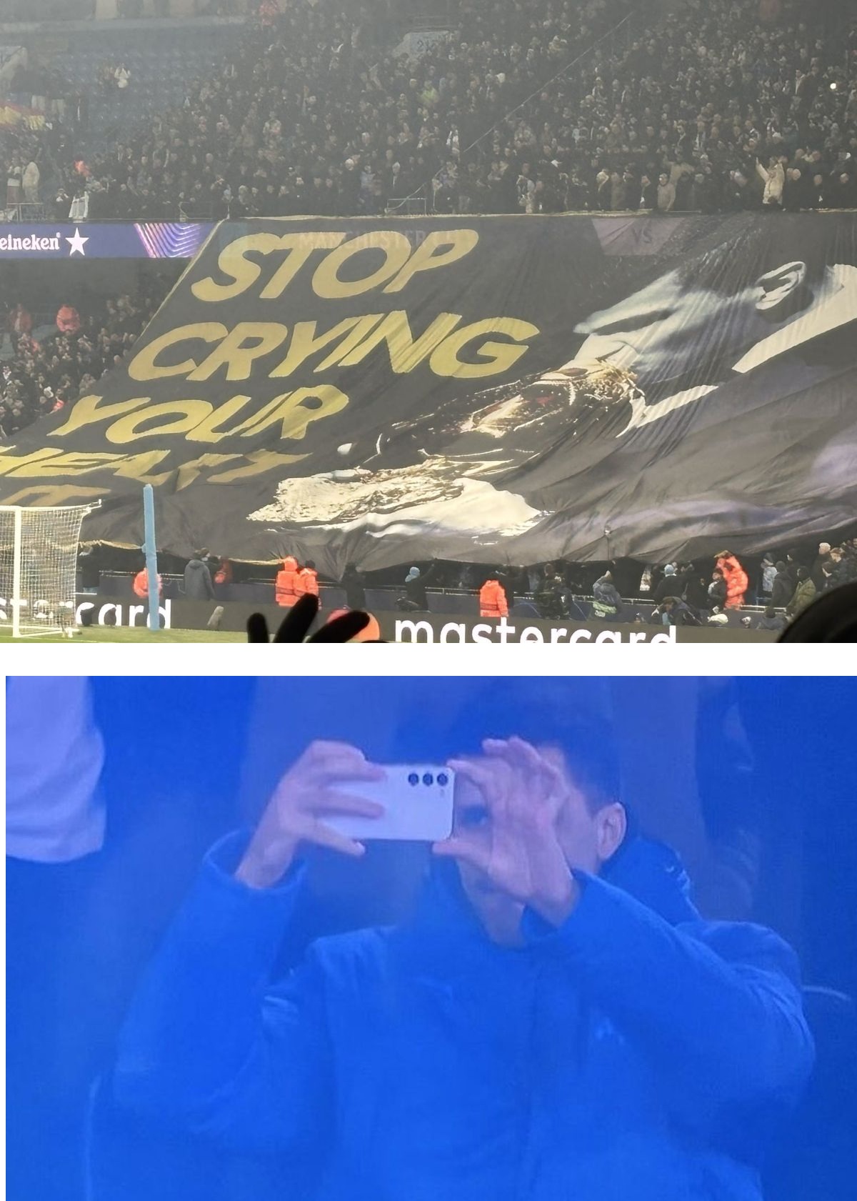 Manchester City-Real Madrid. Rodri fotografiază banner-ul afișat de fanii lui City, cu titlul celebrei melodii a grupului Oasis „Stop crying your heart out”. Este o aluzie la Vinicius jr. 