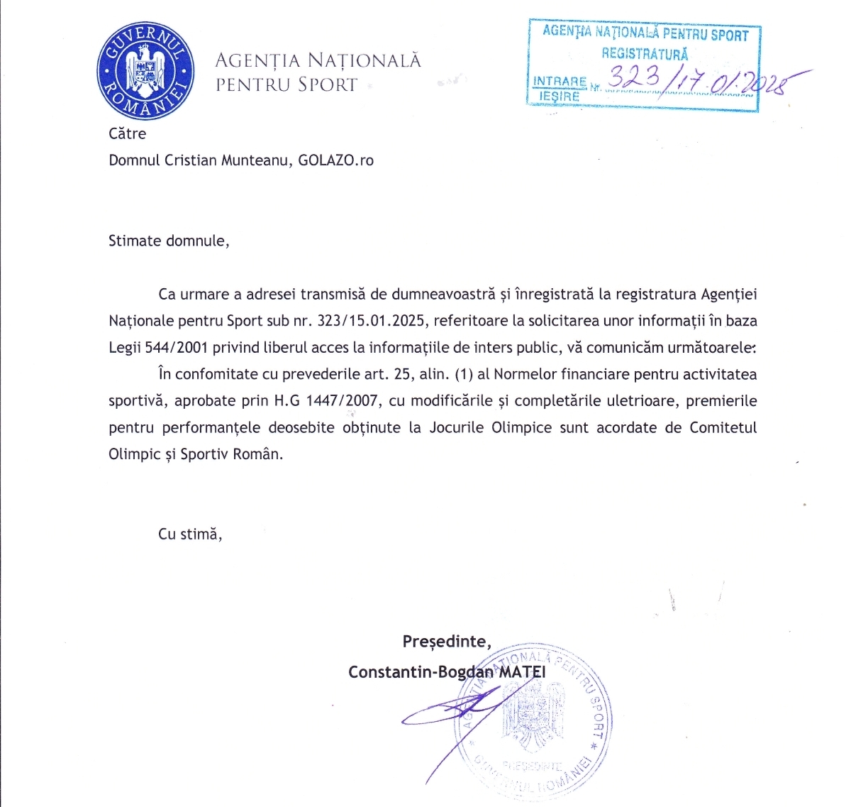 Răspunsul primit de GOLAZO.ro, din partea ANS, la solicitarea de a primi actul în baza căruia s-au făcut plățile pentru performanțele canotorilor români la JO Paris 2024